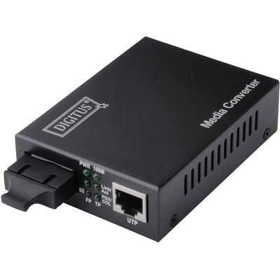 Čierny mediálny konvertor od Digitus, model LWL na Ethernet so sieťovým pripojením, UTP portom a stavovými LED indikátormi.