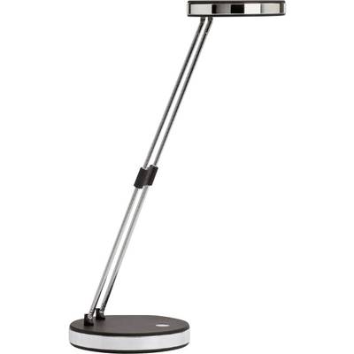 Moderná, štíhla stolová lampa s nastaviteľným kovovým ramenom a okrúhlou základňou, ideálna pre prácu pri stole.