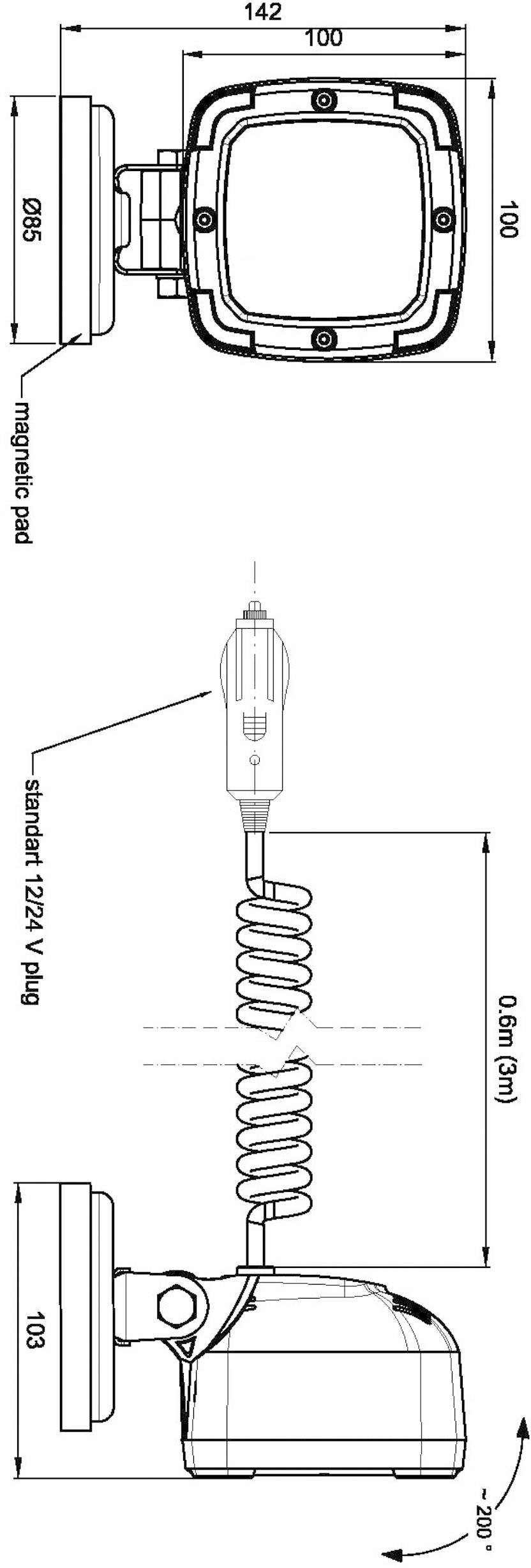Diagram zariadenia s prísavkovou konzolou a špirálový kábel, ktorý vedie do 12-voltového adaptéra zásuvky. Rozmery sú uvedené v milimetroch.