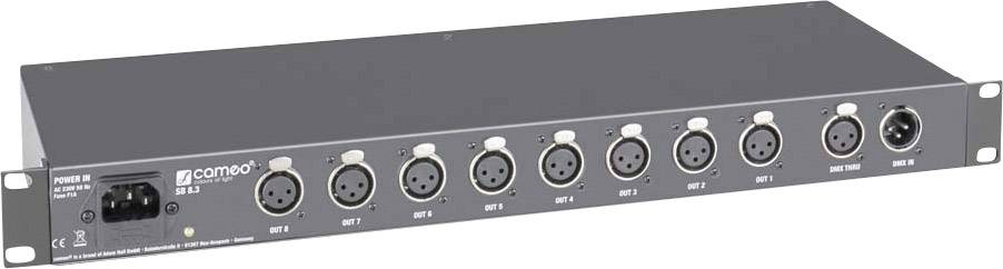 Osemkanálový XLR audio distributor s kovovým krytom.