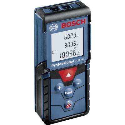 Laserový diaľkomer Bosch GLM 40 s digitálnym displejom zobrazuje namerané hodnoty 6,020 m, 3,006 m a 18,096 m².