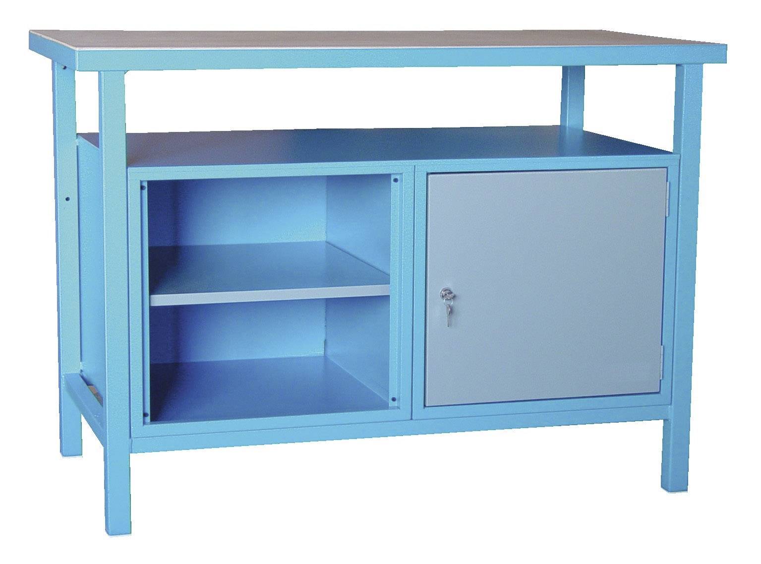 Modrý pracovný stôl s dvomi otvorenými poličkami na ľavej strane a uzamykateľnou skrinkou so zámkom na pravej strane.