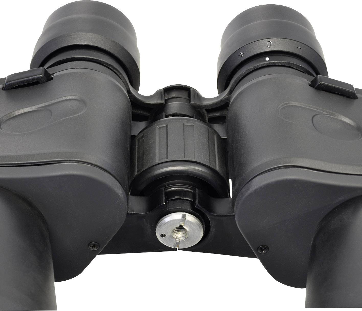 Čierny ďalekohľad z predného pohľadu, detailný záber okuliarov a otočného mechanizmu.
