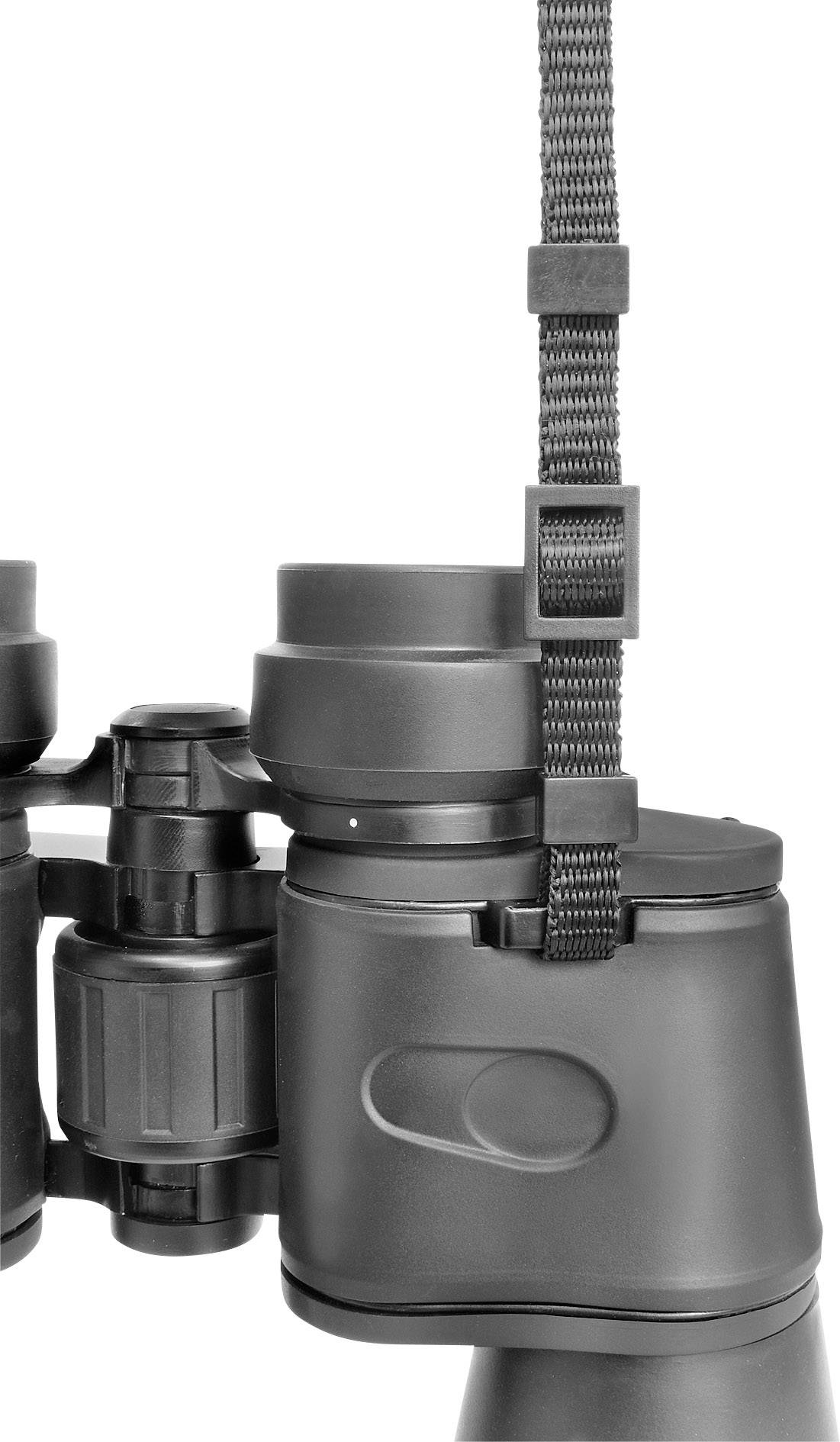 Čierny ďalekohľad s nastaviteľným popruhom, pohľad zblízka zhora.