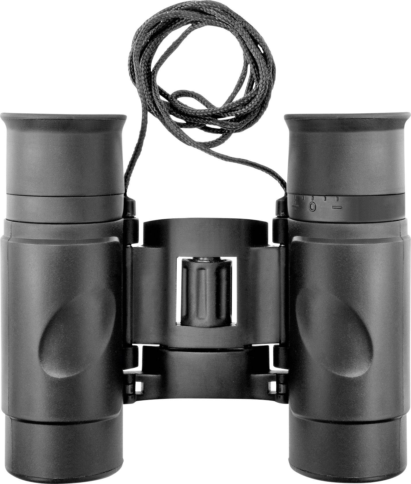 Čierny ďalekohľad s popruhom okolo krku, vhodný na pozorovanie vtákov alebo sledovanie športových podujatí.