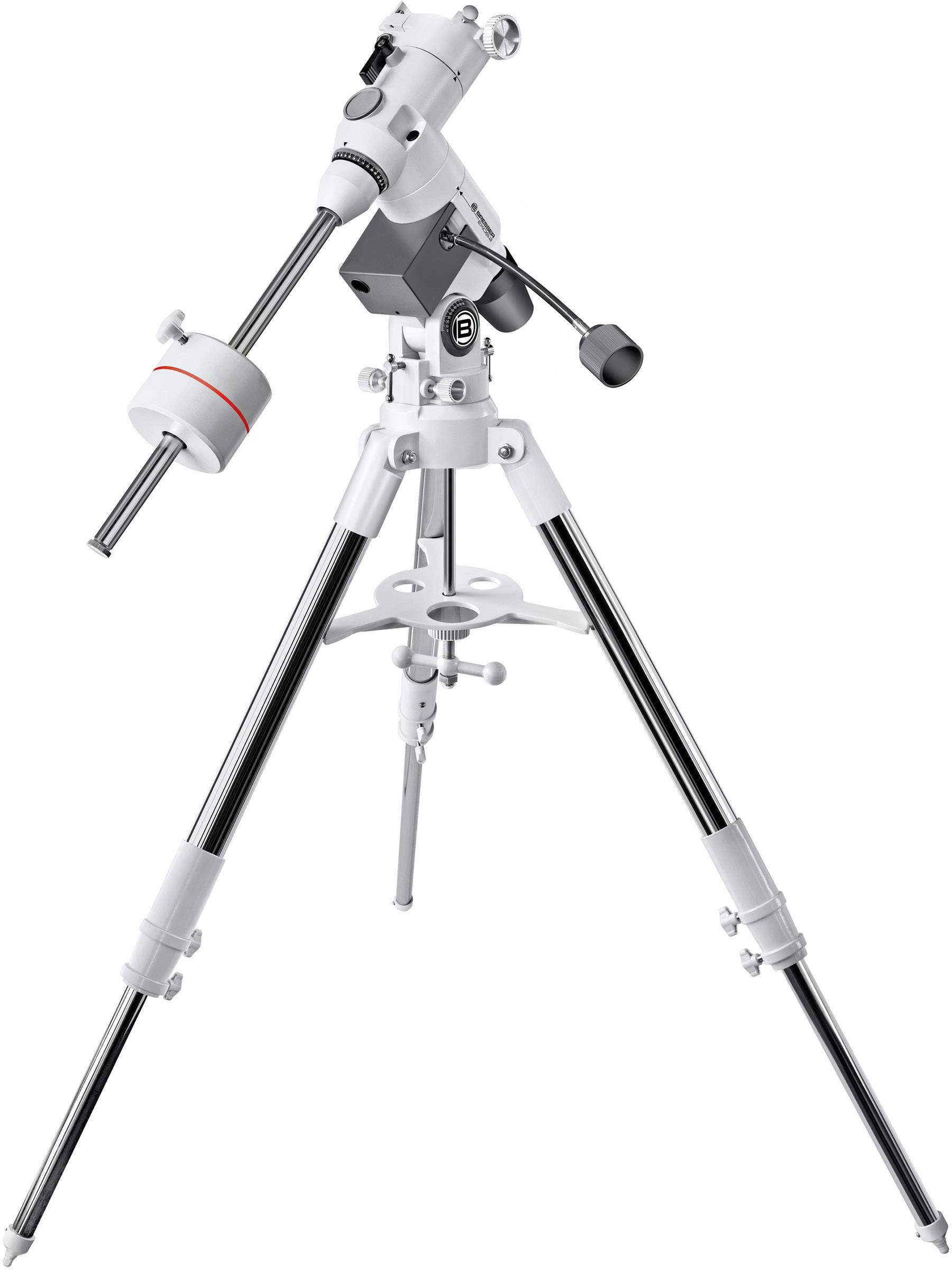 Trojnožkový statív z kovu pre teleskop s jemným nastavením a váhami, vhodný pre astronomické pozorovania.