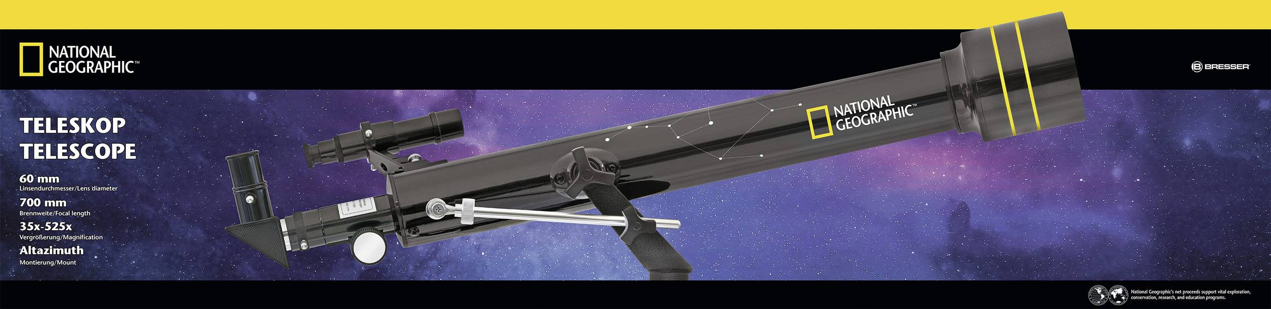 Teleskop spoločnosti National Geographic na pozadí s motívom galaxie; detaily ukazujú priemer 60 mm a ohniskovú vzdialenosť 700 mm.