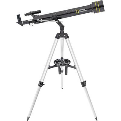 Čierny teleskop na striebornom stojane, označený logom 'National Geographic', vhodný pre amatérskych astronómov.