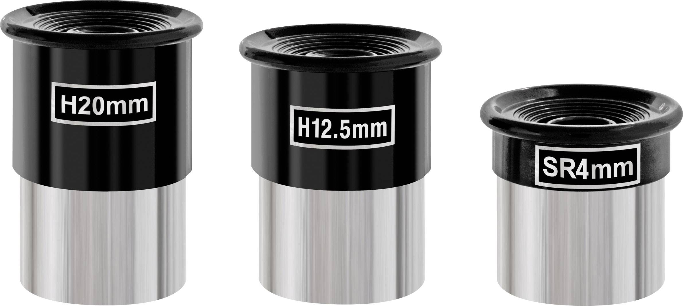 Tri okuláre rôznej veľkosti: vľavo 'H20mm', v strede 'H12.5mm', vpravo 'SR4mm'. Strieborný a čierny rám.