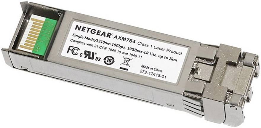 Sieťový transceiver 'NETGEAR AXM764', podporuje Single Mode 1310 nm, 10 Gbps, vzdialenosti až 2 km. Obsahuje laserovú triedu 1.