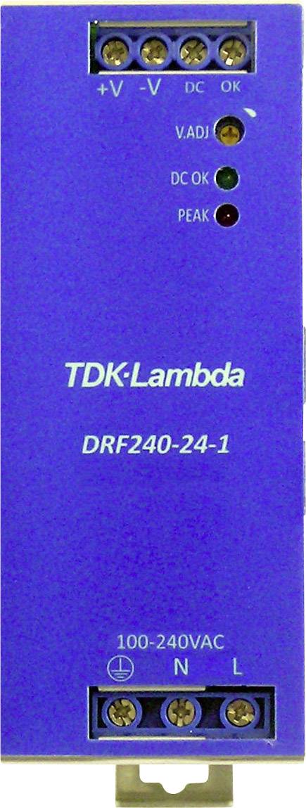 Modré napájací zdroj TDK-Lambda DRF240-24-1, vstup 100-240VAC, DC OK a PEAK LED indikátory, konektory hore a dole.