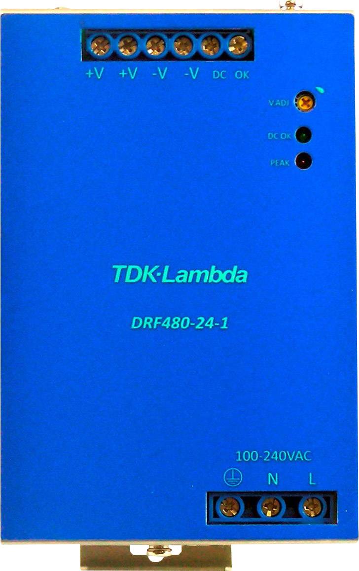 Modré sieťové napájací modul 'TDK-Lambda DRF480-24-1' s indikátormi napätia a diagnostiky porúch, vstup 100-240VAC.