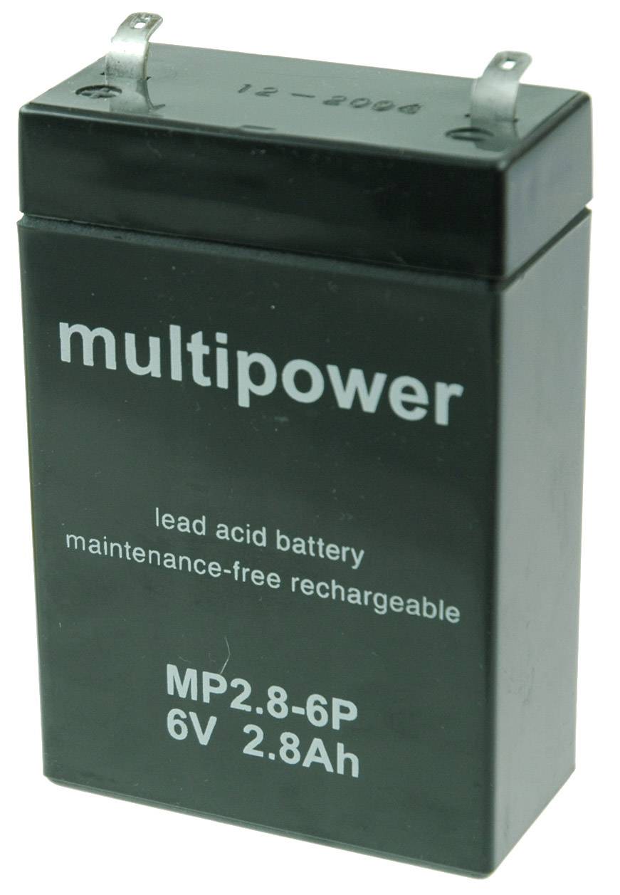 Čierna olovená batéria s nápisom 'multipower lead acid battery maintenance-free rechargeable MP2.8-6P 6V 2.8Ah'.
