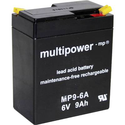 Čierna olovená batéria s nápisom 'multipower - mp, MP9-6A, 6V 9Ah', dobíjateľná a bezúdržbová.