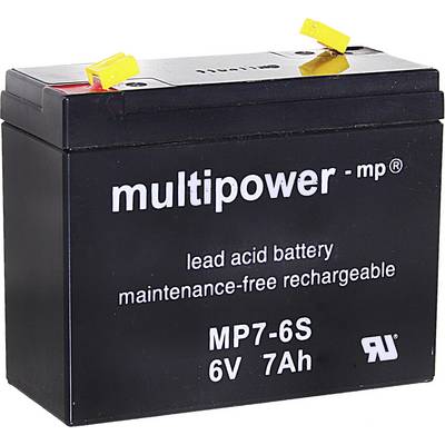 Čierna olovená batéria so systémom kyseliny, s nápisom 'multipower - mp, MP7-6S, 6V, 7Ah', bezúdržbová, dobíjateľná.
