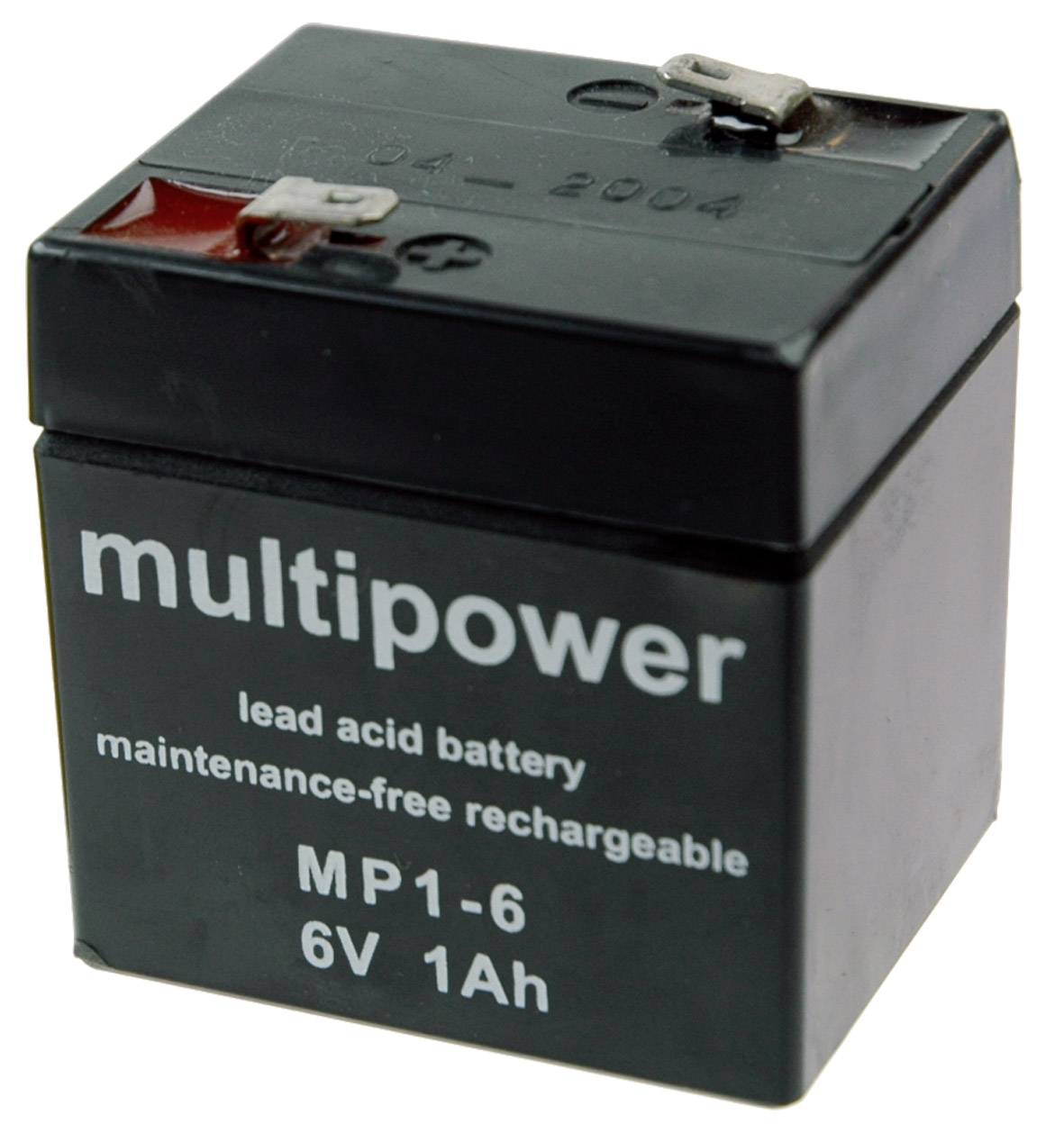 Čierna olovená akumulátorová batéria od Multipower, model MP1-6, 6V 1Ah, bezúdržbová.