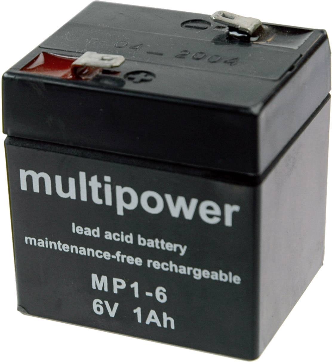 Čierna olovená batéria s nápisom 'multipower', '6V 1Ah', vhodná na bezúdržbové nabíjanie.