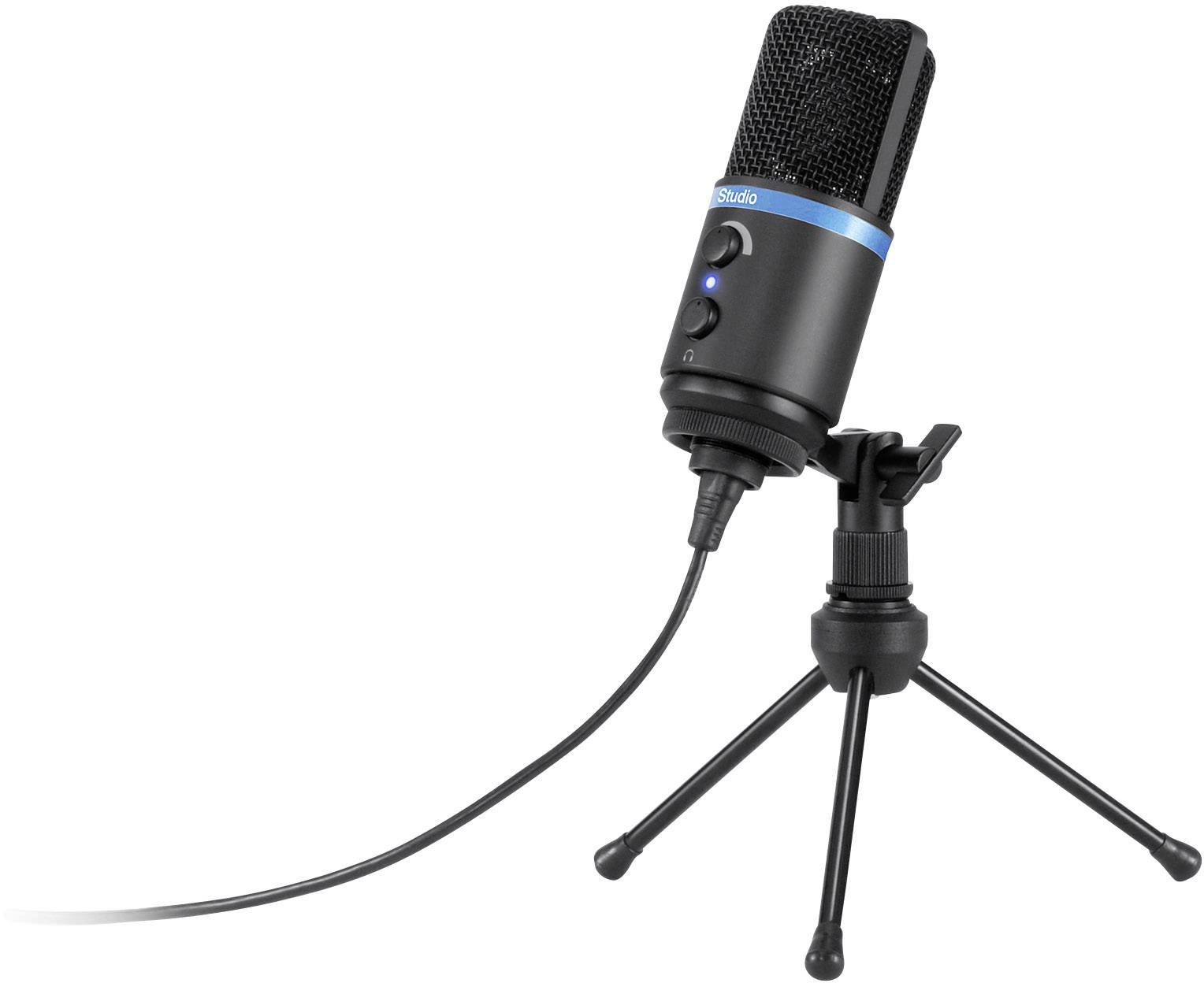 Čierne USB mikrofón namontované na stolnej podstavci, s modrým akcentom a pripojovacím káblom, vhodné pre zvukové nahrávky.