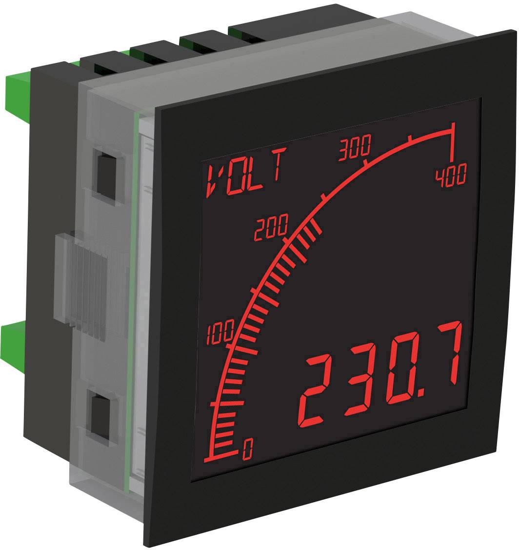 Digitálny voltmeter ukazuje napätie 230,7 voltov. Červený oblúk od 0 do 400 voltov s vyznačenými hodnotami 100, 200 a 300 voltov.