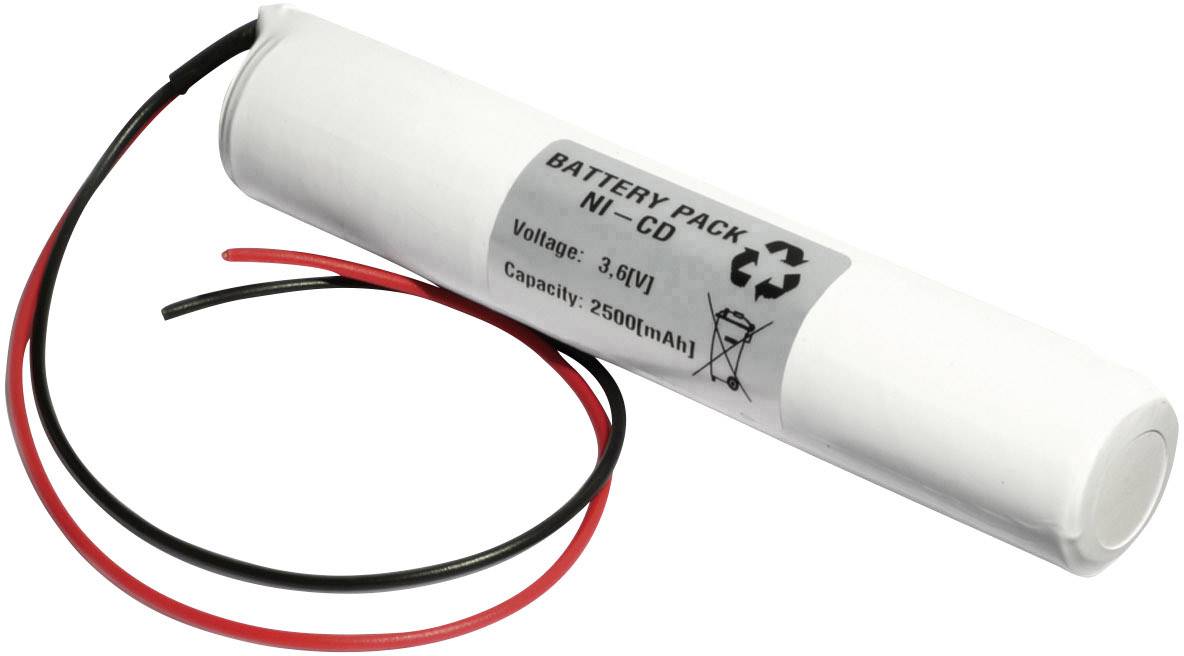 Valcový akumulátorový pack s označením 'BATTERY PACK NI-CD', napätie 3,6V, kapacita 2500mAh, s červenými a čiernymi káblami.