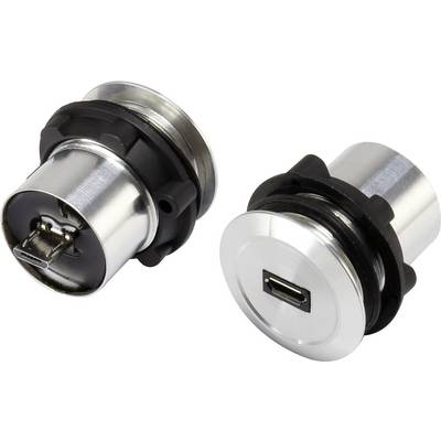Dva strieborné USB porty s čiernymi okrajmi, ktoré ležia vedľa seba. Jeden port ukazuje USB konektor, druhý prednú stranu.