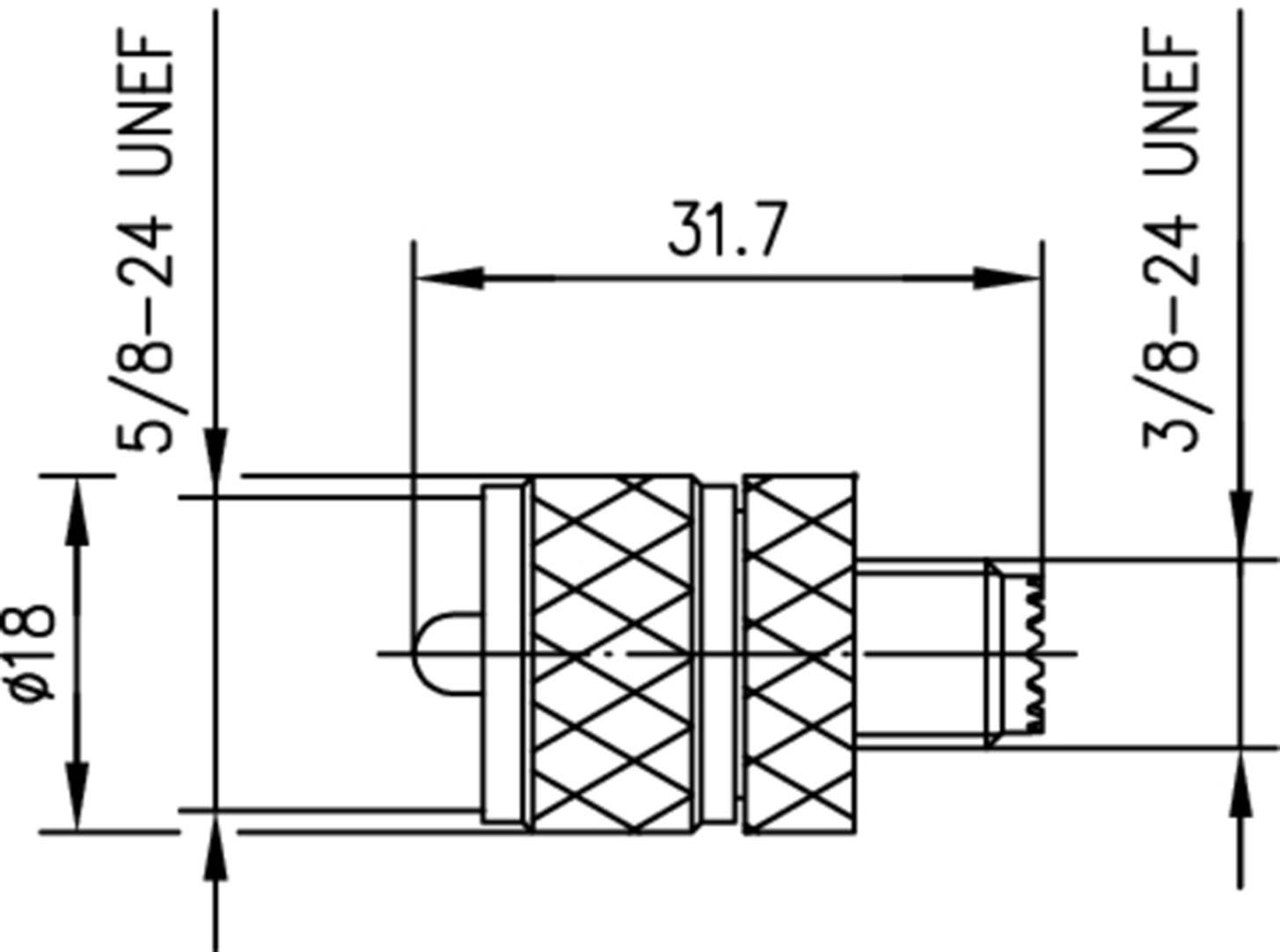 Technický výkres konektora so závitovými rozmermi: 5/8-24 UNEF a 3/8-24 UNEF. Celková dĺžka 31,7 mm, priemer 18 mm.