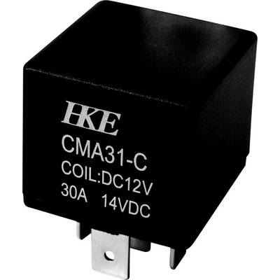 Čierne, štvorcové relé s nápisom 'HKE CMA31-C, CIEVKA: DC12V, 30A 14VDC' na prednej strane.
