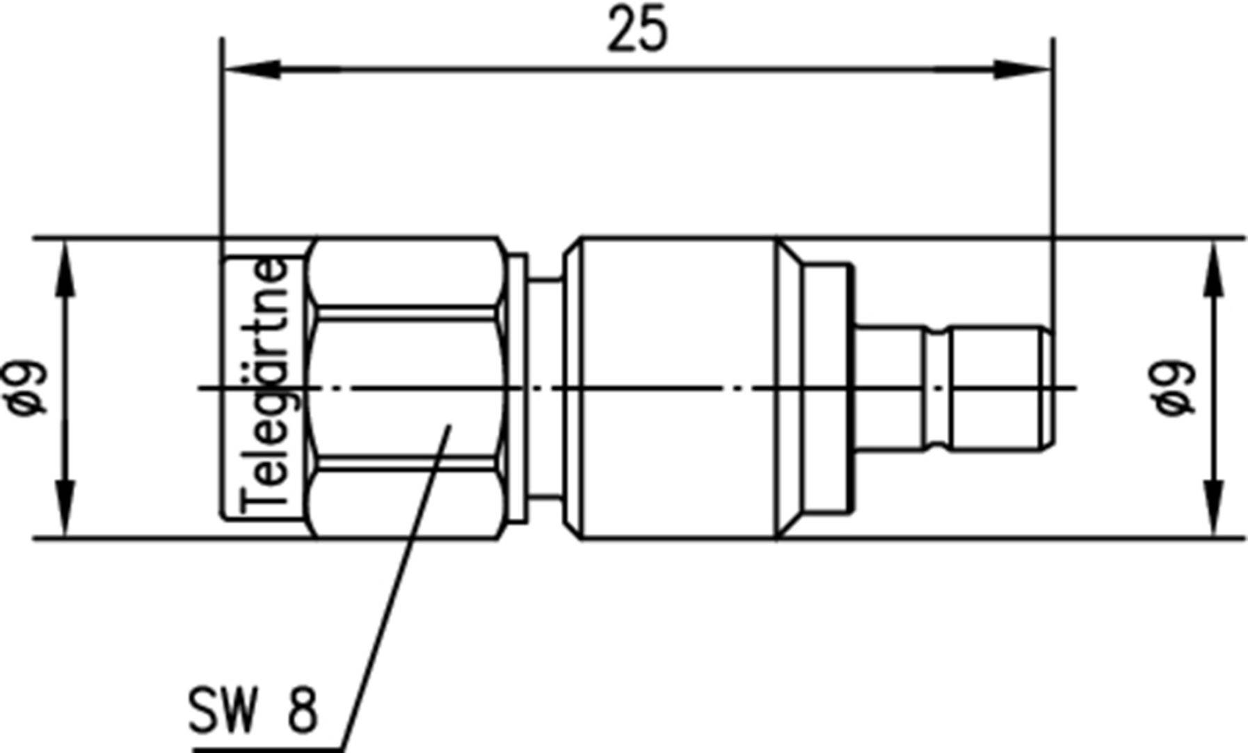 Technický výkres valcového konektora s rozmermi: dĺžka 25 mm, priemer 9 mm, závitové púzdro s nápisom 'Telegärtner'.