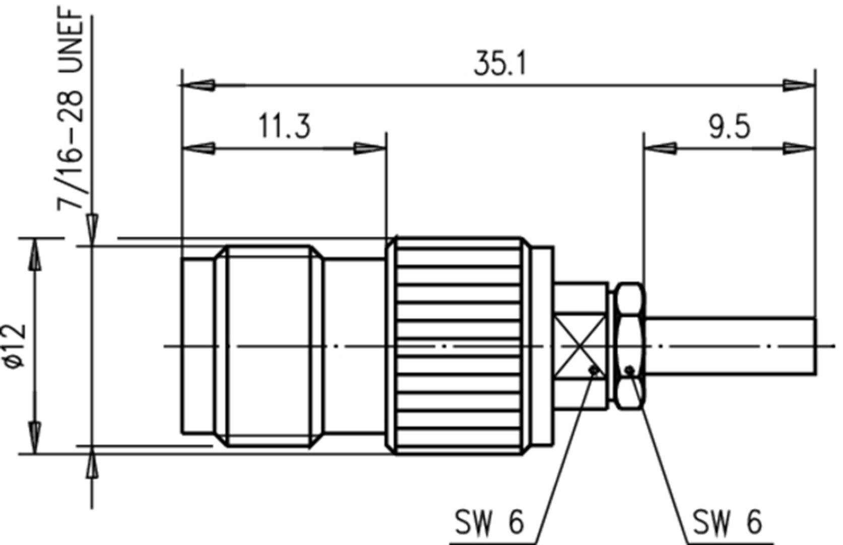 Technický výkres konektora s rozmermi: priemer 12 mm, dĺžka 35,1 mm, závit 7/16-28 UNEF, šírka kľúča 6 mm.