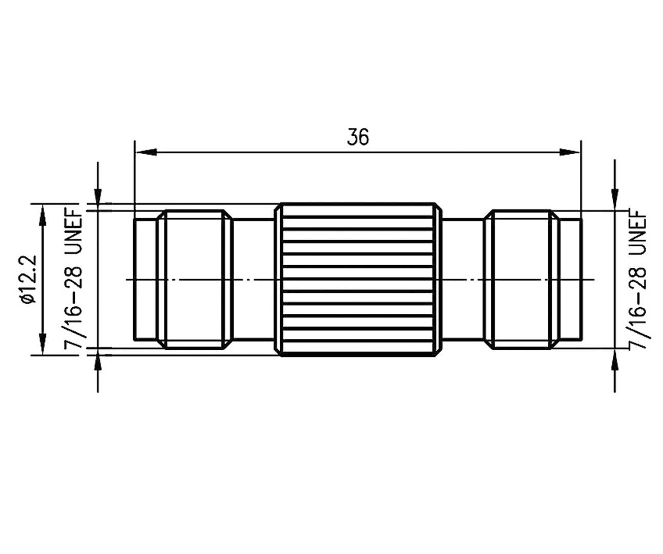 Technický výkres valcového spájacieho prvku s rozmermi: celková dĺžka 36 mm, priemer 12,2 mm, závit 7/16-28 UNEF.