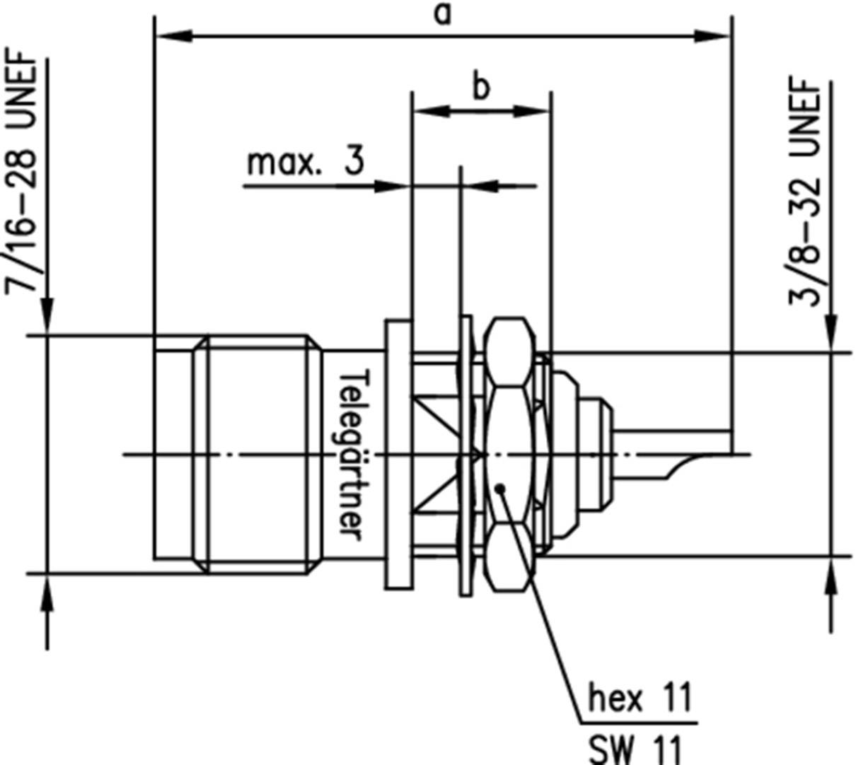 Pohľadový nákres technickej výkresu konektora s popiskami: 'Telegärtner', rozmery 'max. 3', 'hex 11', 'SW 11' a veľkosti závitov '7/16-28 UNEF', '3/8-32 UNEF'.