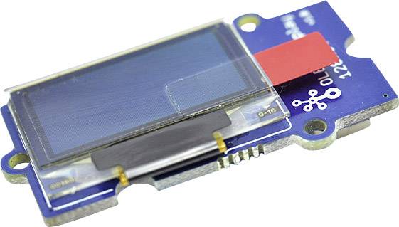 Malý modrý OLED displej s pripojovaciami kontaktmi, vhodný pre elektronické DIY projekty alebo mikrokontrólové aplikácie.