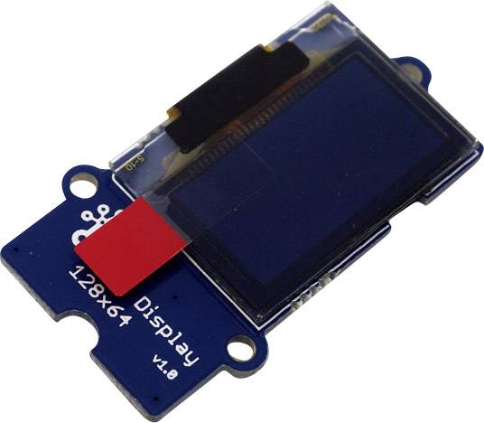 Malý OLED displej modul s modrým PCB doštičkou, označený nápisom '128x64 Display'. Kľúčový komponent v elektronických projektoch na zobrazovanie informácií.