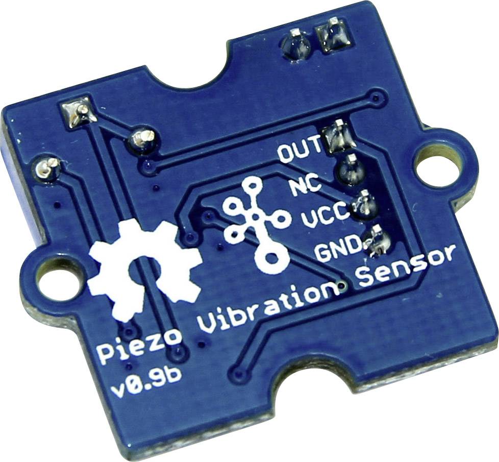 Modrý piezo-vibračný senzor so štyrmi vstupmi: 'OUT', 'NC', 'VCC', 'GND'. Verzia 0.9b. Hlavná funkcia: detekcia vibrácií.