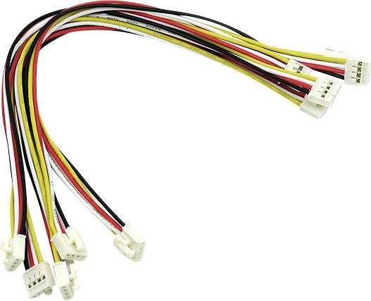 Niekoľko farebných káblov s bielymi konektormi na koncoch, ktoré môžu byť použité na elektronické prepojenia.