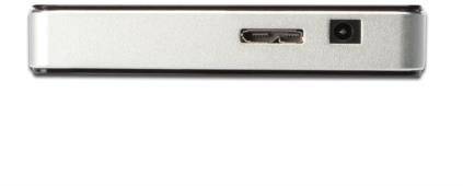 Externý pevný disk, pohľad z boku: viditeľný USB port a napájací konektor. Vo vertikálnom formáte, striebornej farby.