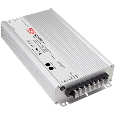 Biele elektronické zariadenie s viacerými svorkami a nápisom 'MEAN WELL HE-800-15'. Slúži na napájanie elektrickou energiou.