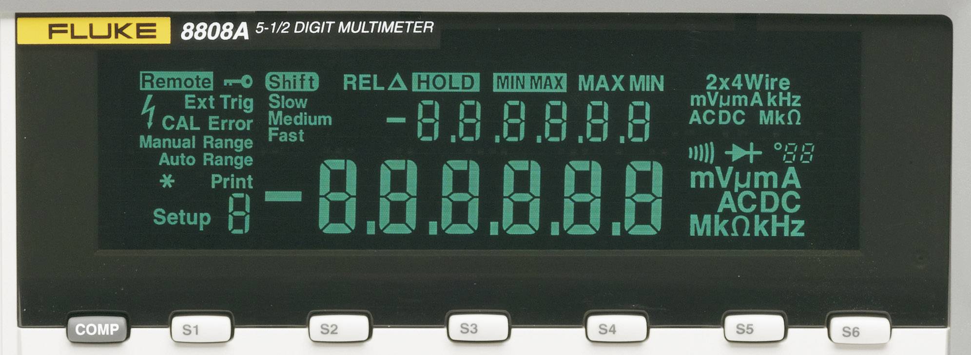 Elektronický multimeter s displejom zobrazujúcim 'Remote', napätie, odpor a frekvenčné možnosti, s viacerými funkčnými tlačidlami dole.