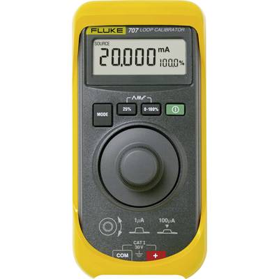 Žltý kalibrátor slučky Fluke 707 zobrazuje na displeji namerané hodnoty '20,000 mA'.