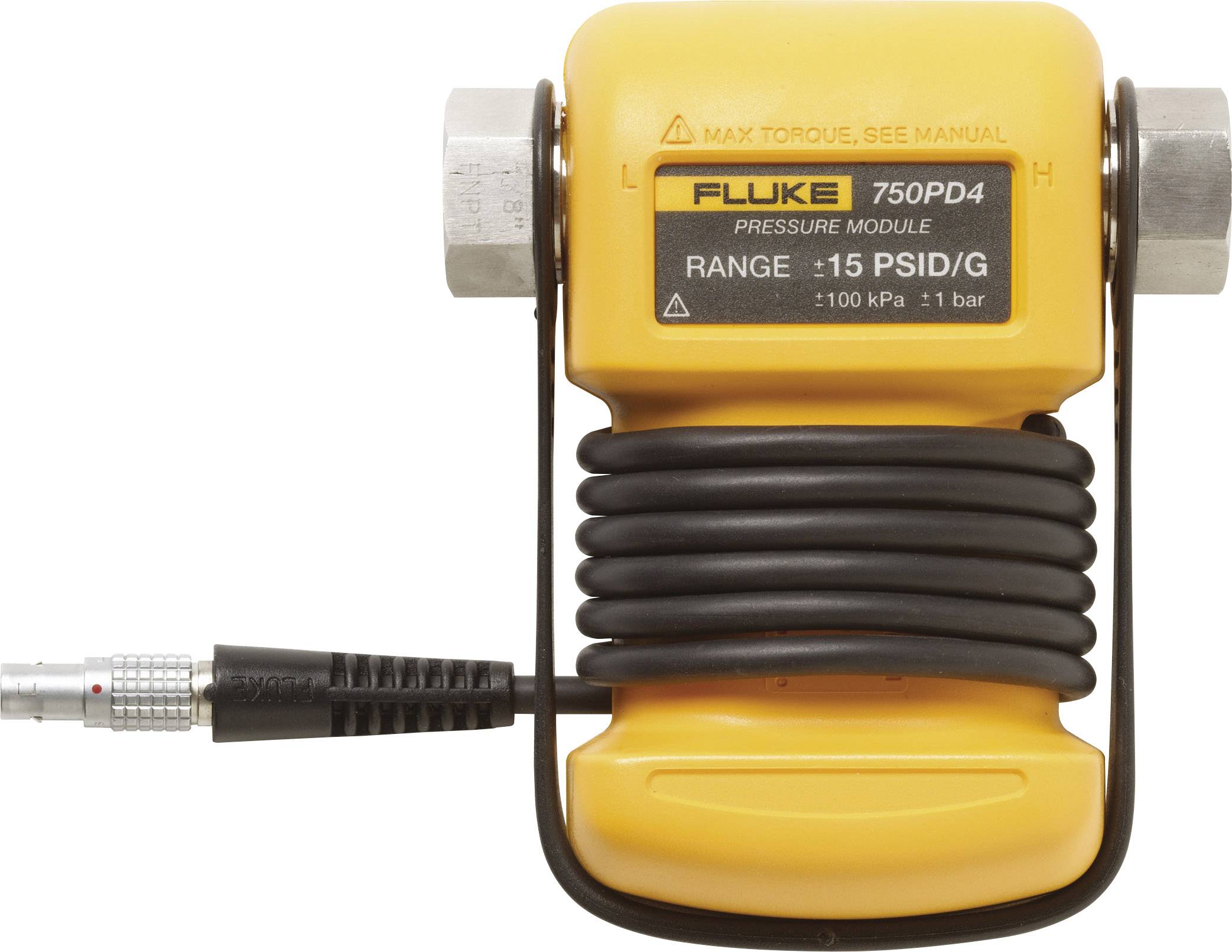 Tlaková jednotka s káblom, žlté puzdro s nápisom 'FLUKE 750P04', rozsah merania ±15 PSID/G. Používa sa na meranie tlaku.