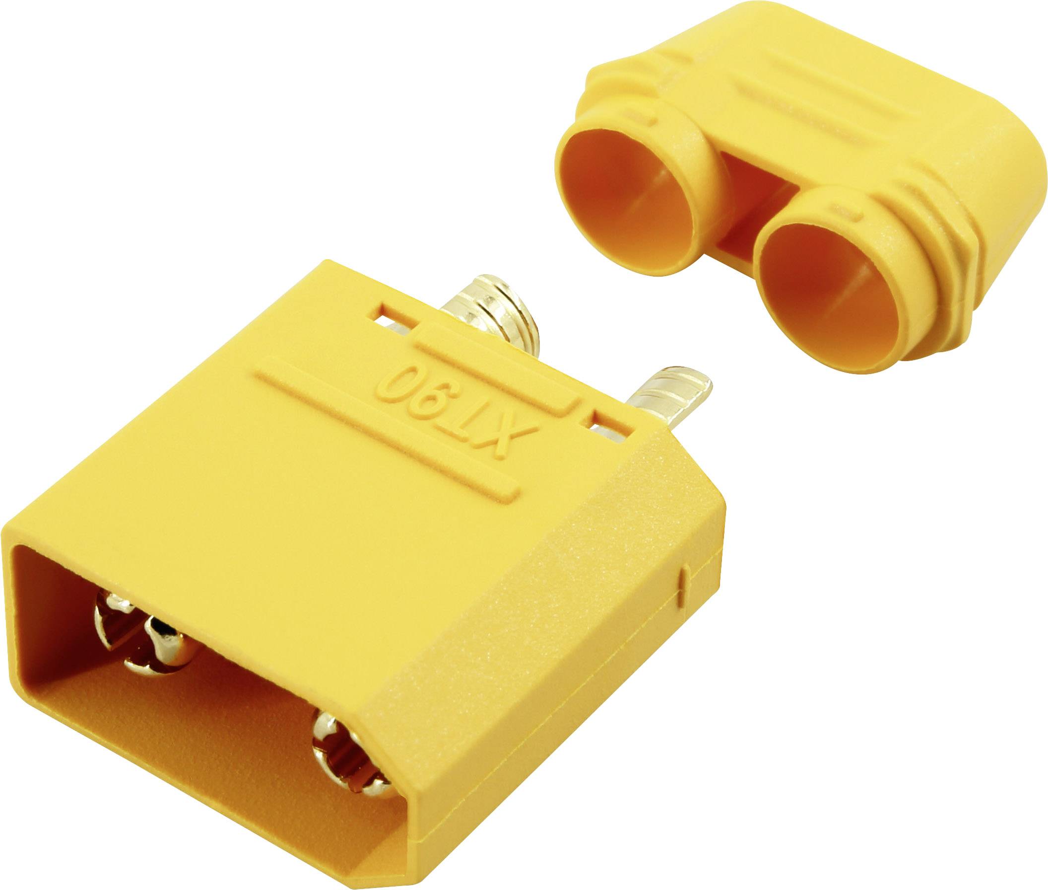 Žltý XT60 konektor pre elektrické prepojenia, pozostávajúci z mužskej a ženskej časti, zobrazené vedľa seba.