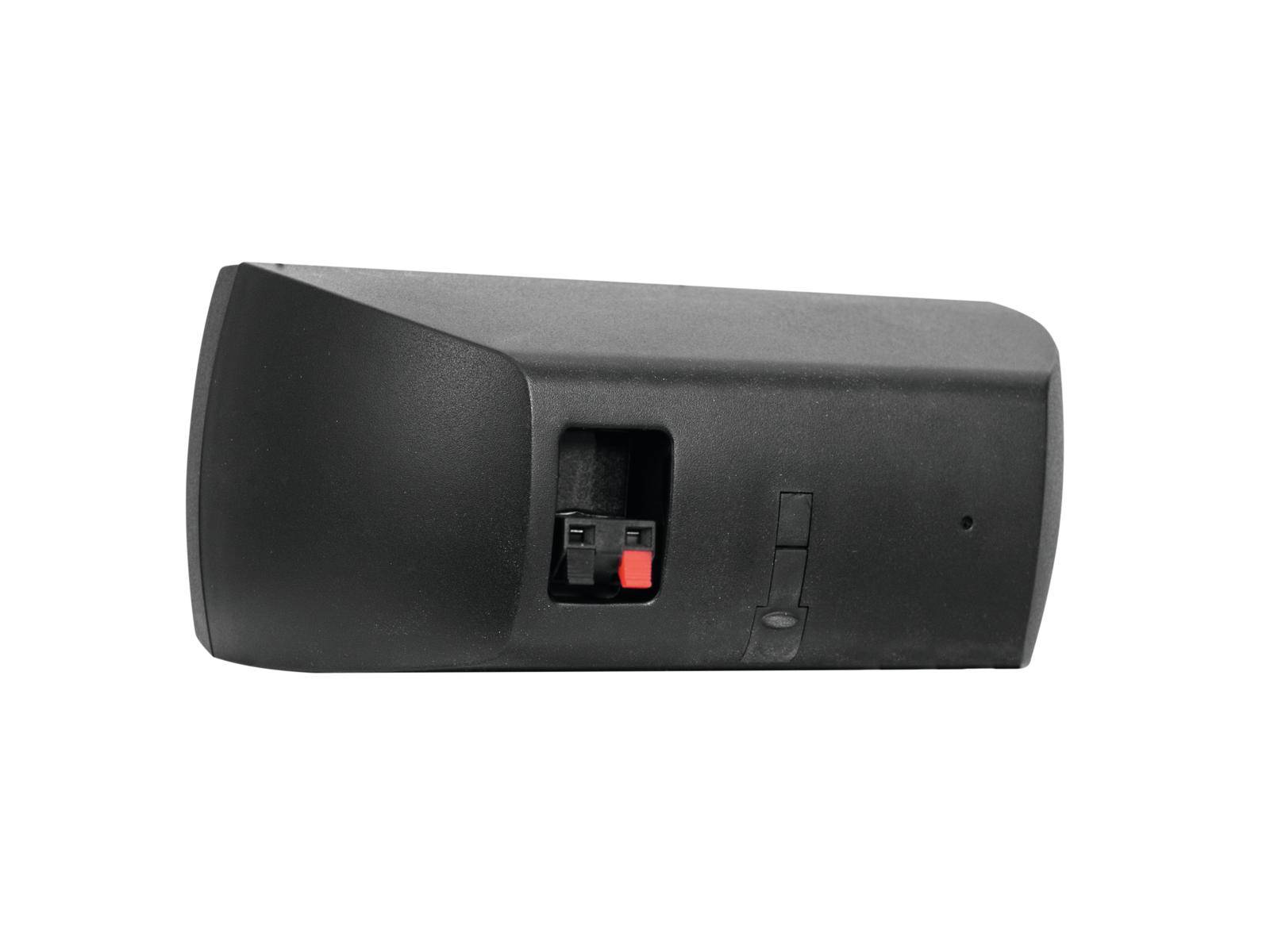 Čierny reproduktor z bočného pohľadu. Zadná strana zobrazuje pripojovaciu svorku a posuvný regulátor.