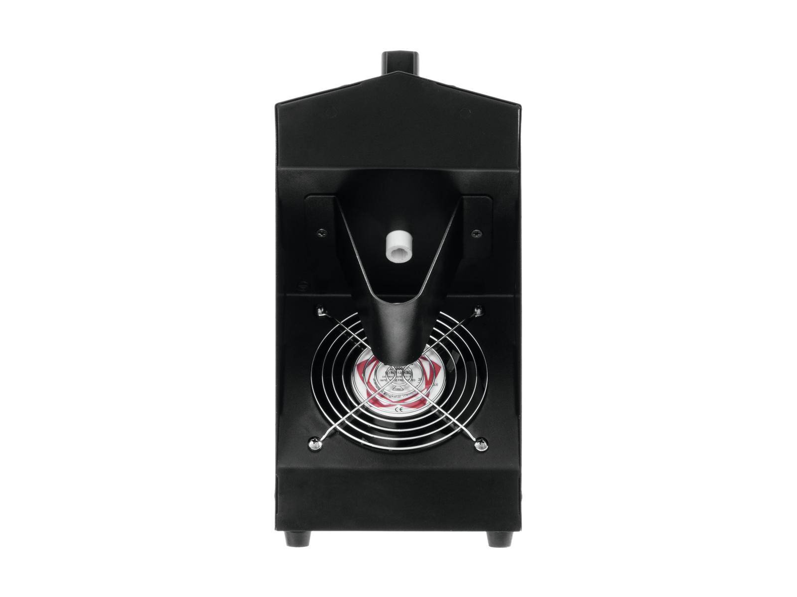 'Čierna výrobník ľadu fotografovaný zhora, v strede leží mriežka ventilátora. Nad ňou vyčnieva výpustný kohútik na výdaj ľadu.'