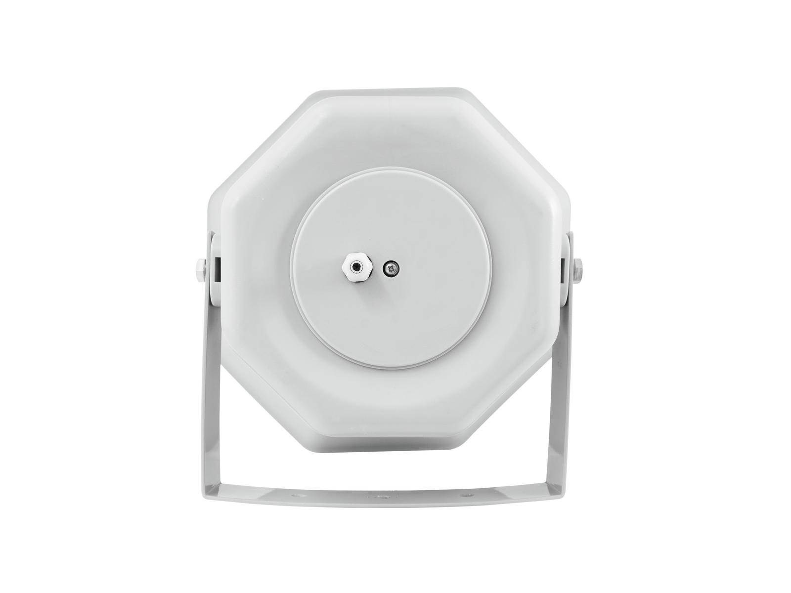 Osemhranný, aerodynamický reproduktor v sivej farbe s centrálnou skrutkou na držiaku, pohľad spredu.