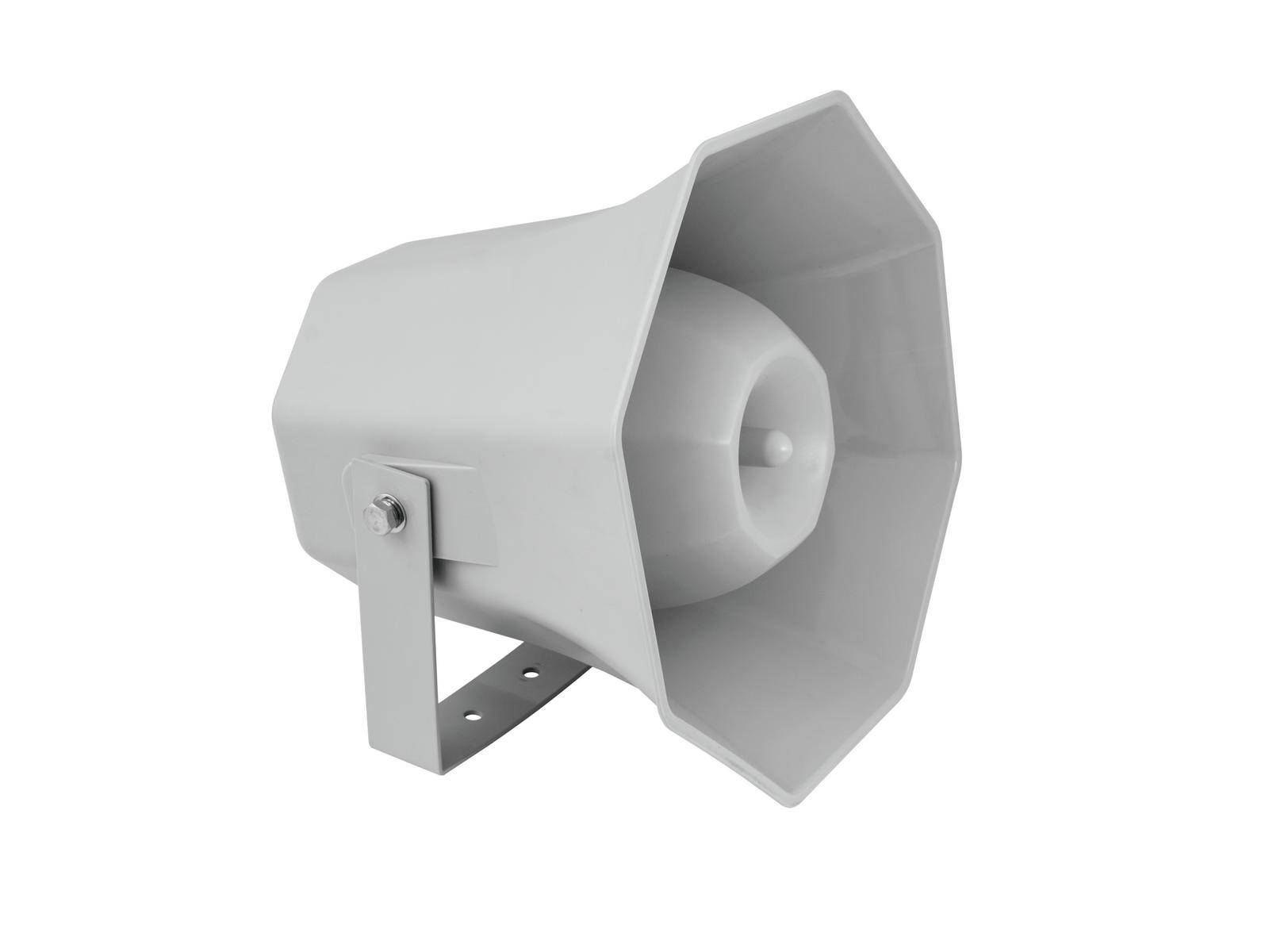 Sivý reproduktor so šesťuholníkovým rohom, namontovaný na kovovom držiaku. Vhodný na zosilnenie audio signálov vo vonkajšom prostredí.