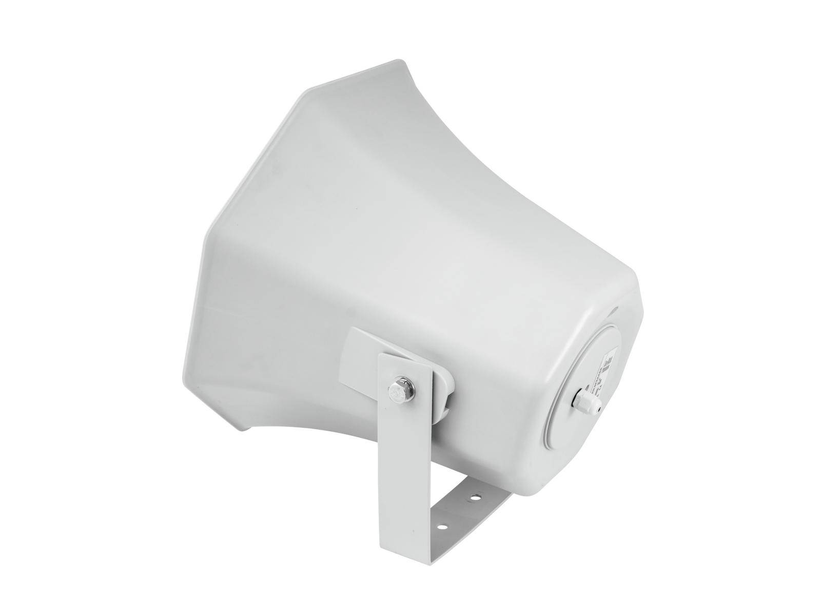 Biela reproduktorová skrinka s držiakom, vhodná na zavesenie na stenu.