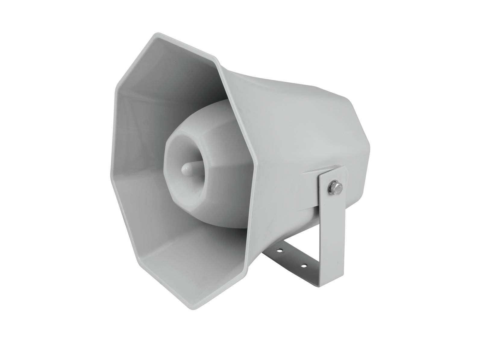 Sivý reproduktor s šesťuholníkovým otvorom a pripevnenou montážnou konzolou, vhodný pre akustické signály.
