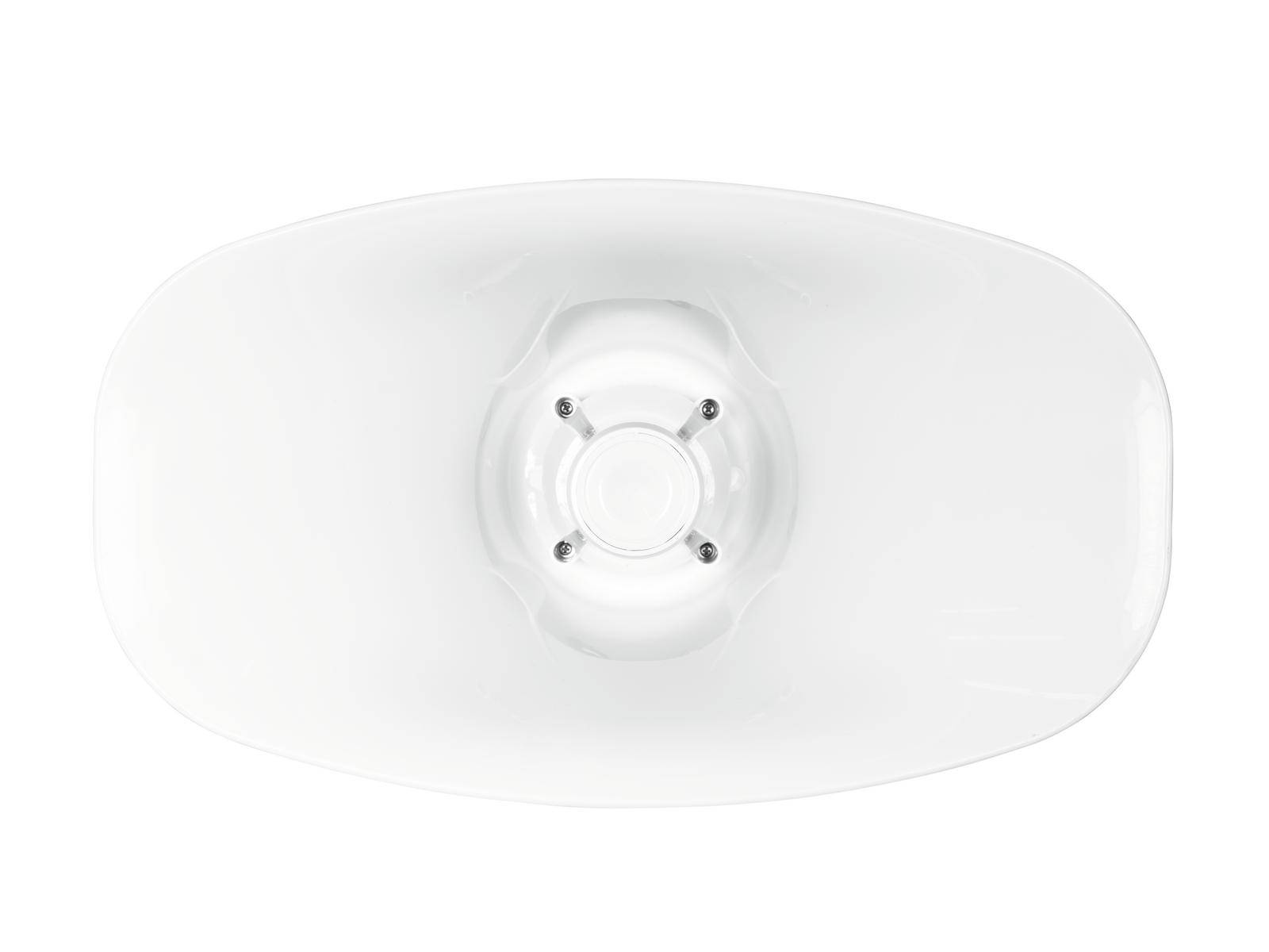 Biela, oválna miska s hladkým povrchom a centrálnou zníženou oblasťou.