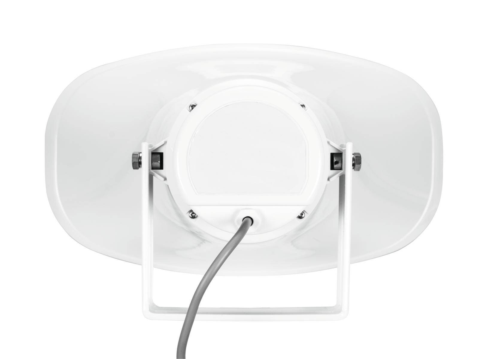Biela satelitná parabolická anténa pohľadom zozadu s viditelnými upevňovacími prvkami a káblom vedúcim z jej stredu.