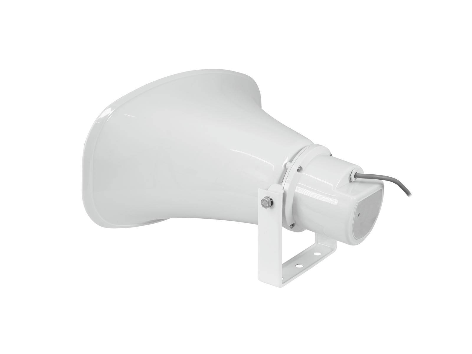 Biely reproduktor s držiakom, zobrazený z boku, vhodný na montáž na stenu alebo strop. Použiteľný v interiéri aj exteriéri.